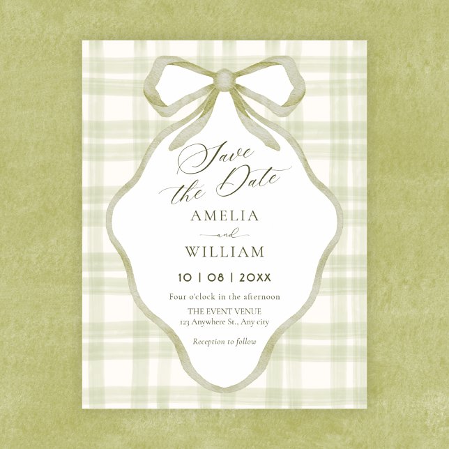 Green bow soft pastel wedding save the date (Creator Uploaded)