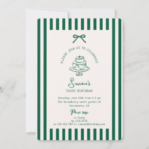 Green Bow, Striped Green birthday Invitation