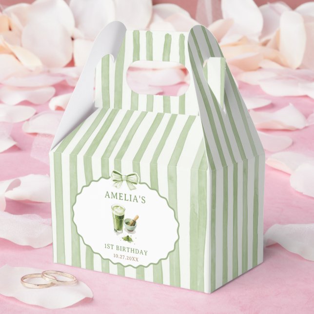 Green Bow Stripes Matcha Birthday Favor Boxes (Wedding)