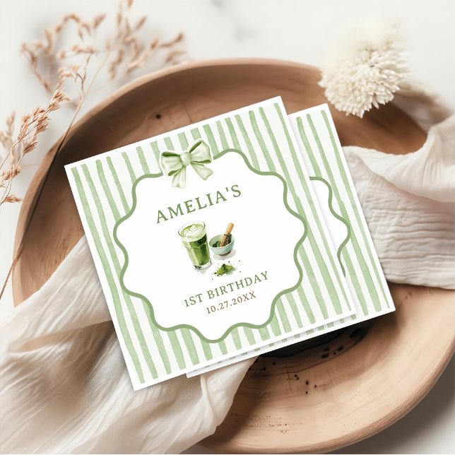 Green Bow Stripes Matcha Birthday Napkins (Creator Uploaded)