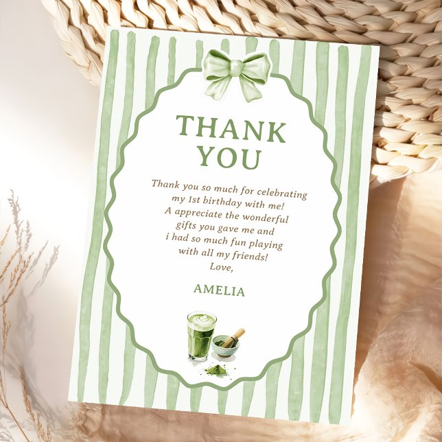Green Bow Stripes Matcha Birthday Thank You Card (Creator Uploaded)