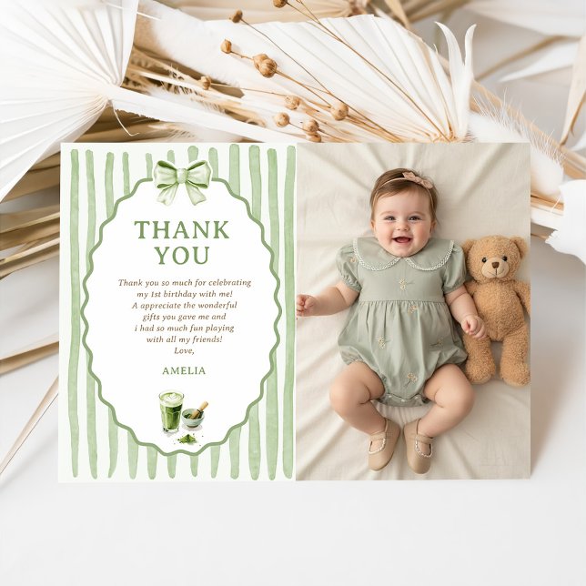 Green Bow Stripes Matcha Birthday Thank You Card (Creator Uploaded)