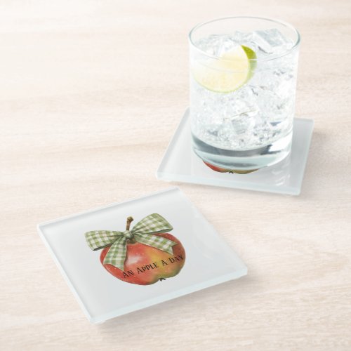 Green Bow Stripes Red Apple Glass Coaster