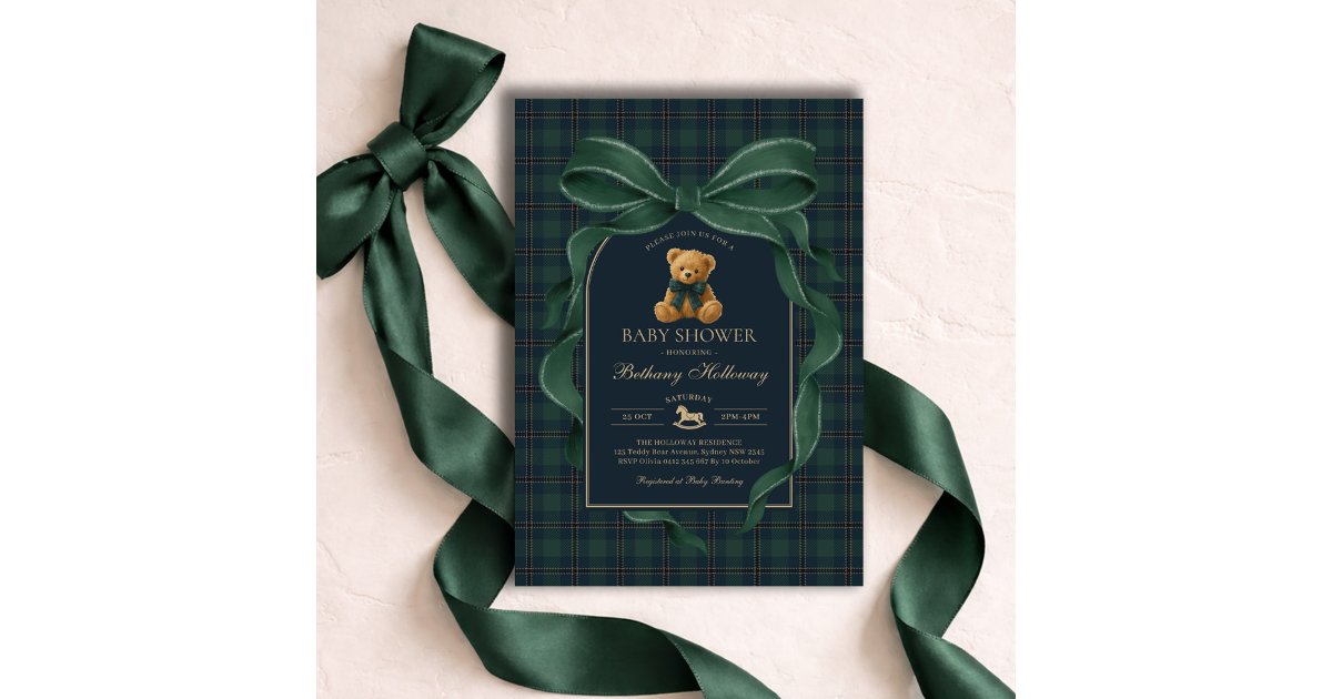 Green Bow Teddy Bear Polo Plaid Baby Shower Invitation | Zazzle