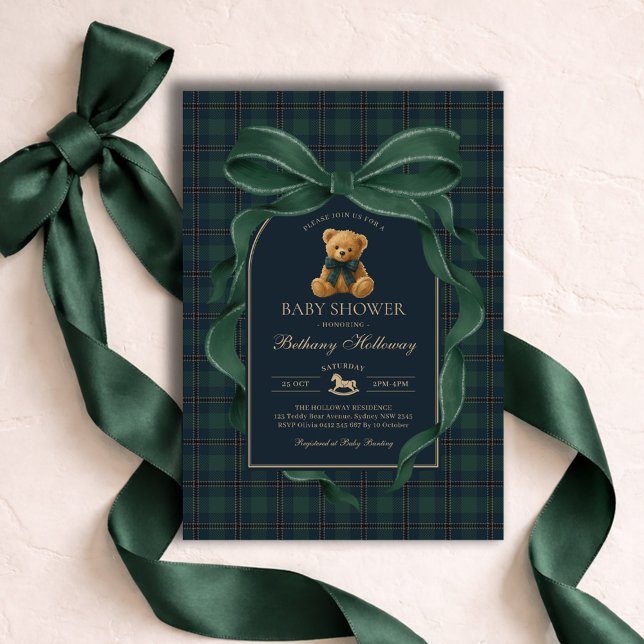 Green Bow Teddy Bear Polo Plaid Baby Shower Invitation (Creator Uploaded)