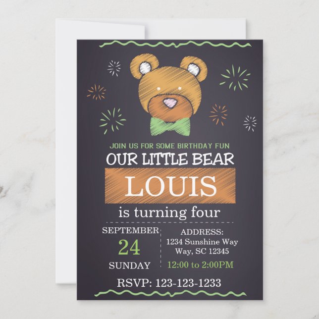 Green Bow Tie Bear Birthday Invite (Front)