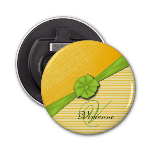 Green Bow Two Tone Yellow Stripes Sunny Fabric Bottle Opener