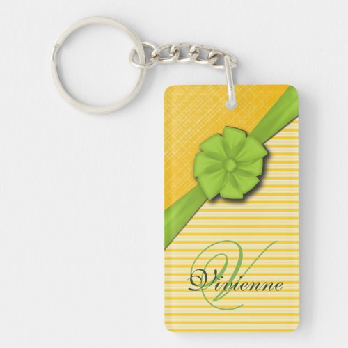 Green Bow Two Tone Yellow Stripes Sunny Fabric Keychain