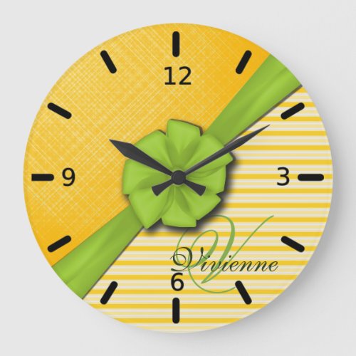 Green Bow Two Tone Yellow Stripes Sunny Fabric Large Clock