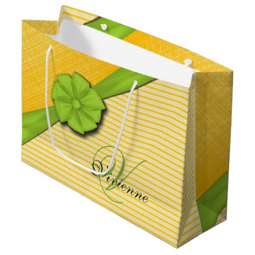 Green Bow Two Tone Yellow Stripes Sunny Fabric Large Gift Bag