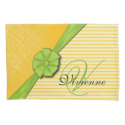 Green Bow Two Tone Yellow Stripes Sunny Fabric Pillow Case