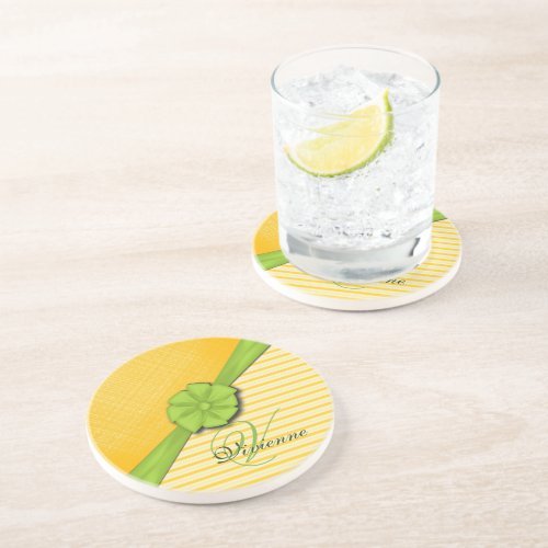 Green Bow Two Tone Yellow Stripes Sunny Fabric Sandstone Coaster