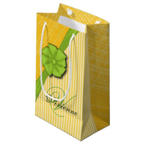 Green Bow Two Tone Yellow Stripes Sunny Fabric Small Gift Bag