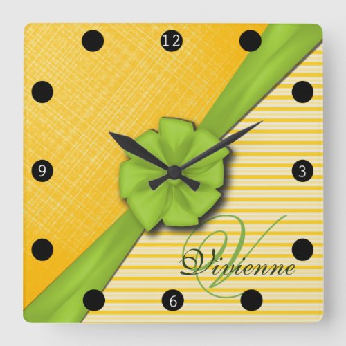 Green Bow Two Tone Yellow Stripes Sunny Fabric Square Wall Clock