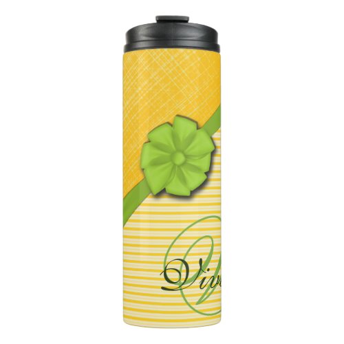 Green Bow Two Tone Yellow Stripes Sunny Fabric Thermal Tumbler