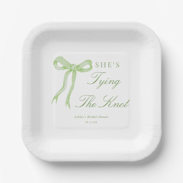 Green Bow Tying The Knot Bridal Shower Paper Plates (Front)