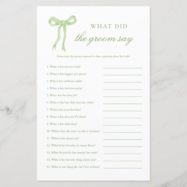 Green Bow What Did The Groom Say Bridal Game (Front)