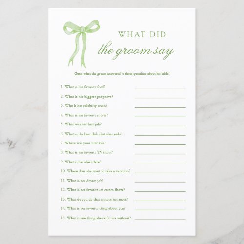 Green Bow What Did The Groom Say Bridal Game