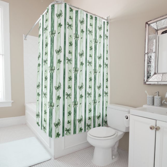 Green Bows, Clover Motifs & Striped Pattern Shower Curtain (In Situ)