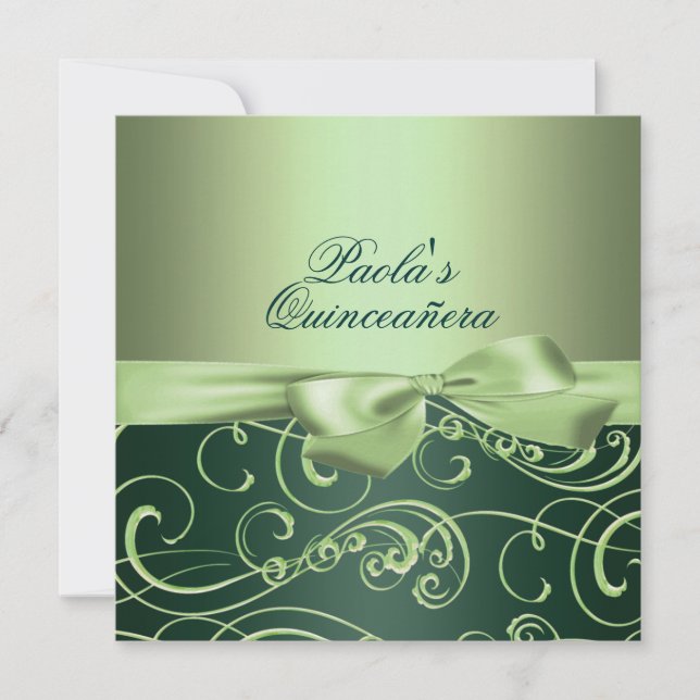 Green Bows & Swirl Quinceañera Invitation (Front)