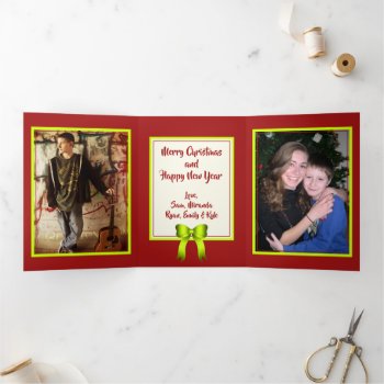 Green Bows Two Big Photos Folded Christmas Tri-fold Holiday Card by holiday_store at Zazzle