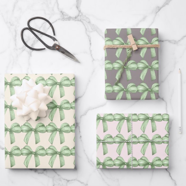 Green bows wrapping paper. Gift wrapping.  Paper Sheets (Front)