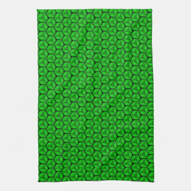 Green Boxes Geometric Hexagon Pattern Tea Towel (Vertical)