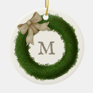 Green Boxwood Wreath Monogrammed Custom Ceramic Ceramic Ornament