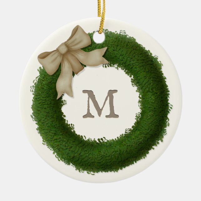 Green Boxwood Wreath Monogrammed Custom Ceramic Ceramic Ornament (Front)