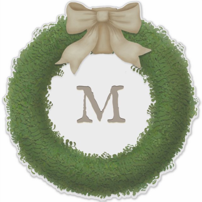 Green Boxwood Wreath With Bow Custom Monogram Sticker (Front)