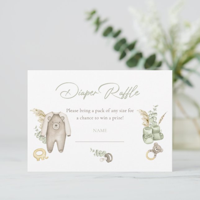 Green Boy Baby Shower Diaper Raffle Card (Standing Front)