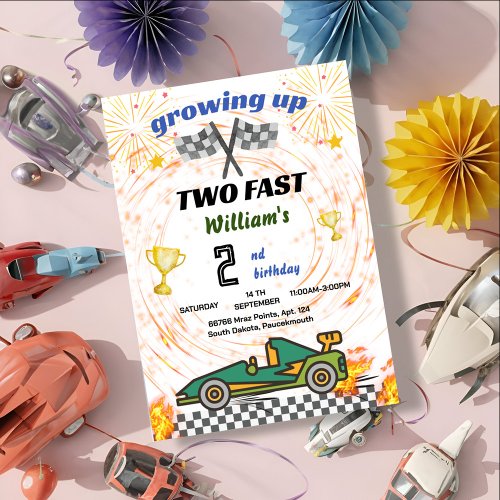 green boy cars Race Car two fast 2nd birthday Invitation