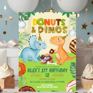 Green Boy Donuts & Dinos Dino Theme Birthday Party Invitation