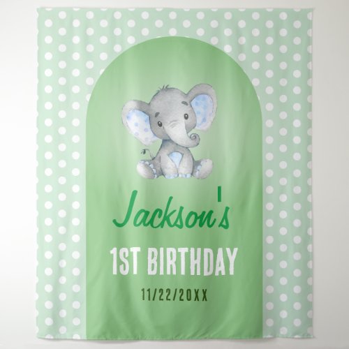 Green Boy Elephant 1st First Birthday Party Photo Tapestry