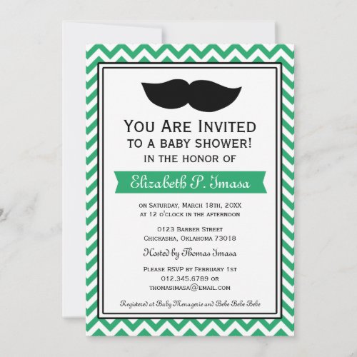 Green Boy Moustache Chevron Baby Shower Invites