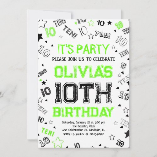 Green Boy Number Ten Birthday Party Invitation