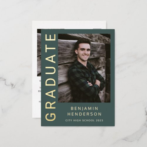 Green Boy Photo Gold Foil Graduation Announcement