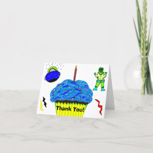 Green Boy Robot Blue Spaceship Cupcake Thank You
