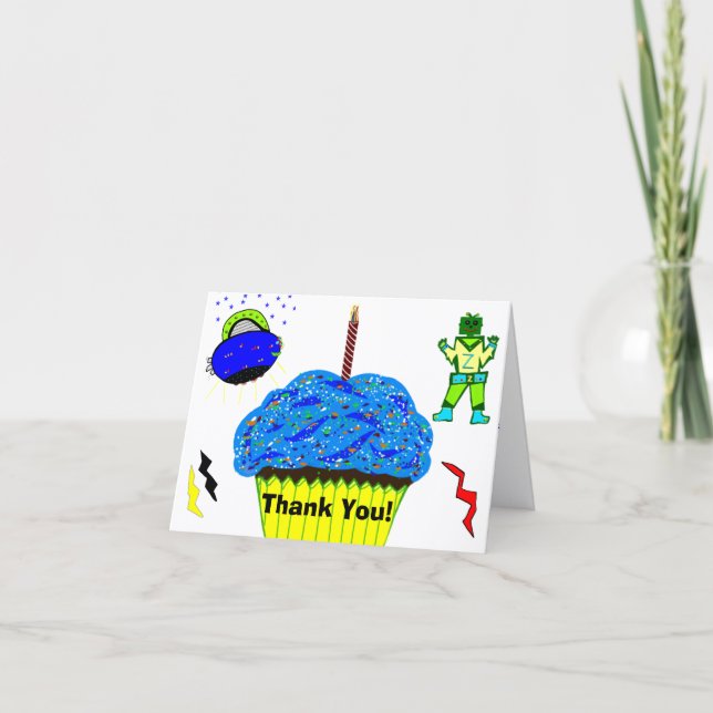 Green Boy Robot Blue Spaceship Cupcake Thank You (Front)
