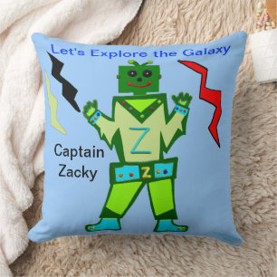 Green Boy Robot Captain Zacky Galaxy Explorer Throw Pillow