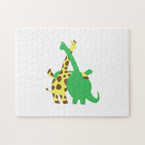 Green Brachiosaurus and giraffe hugs cartoon Jigsaw Puzzle