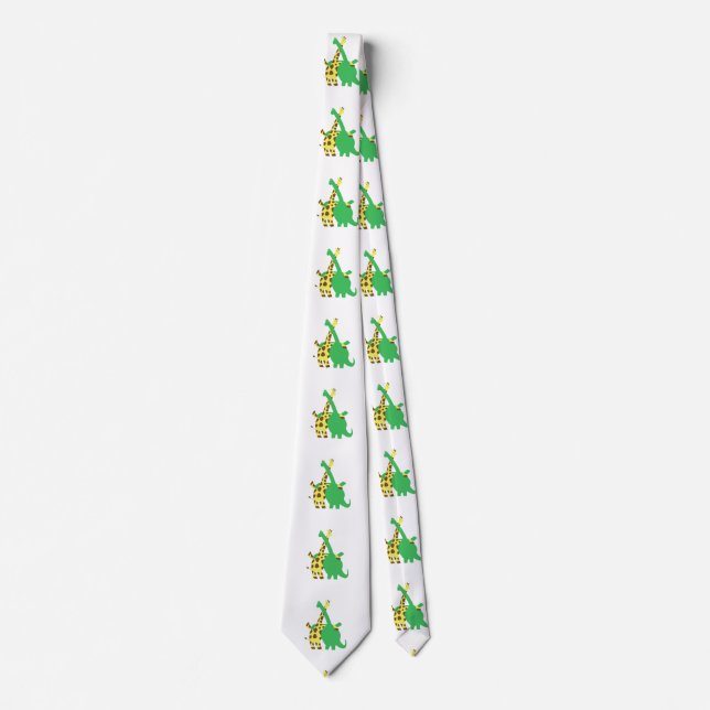 Green Brachiosaurus and giraffe hugs cartoon Neck Tie (Front)