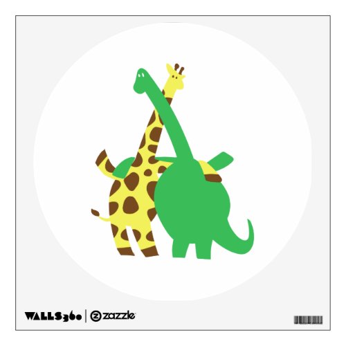 Green Brachiosaurus and giraffe hugs cartoon Wall Decal