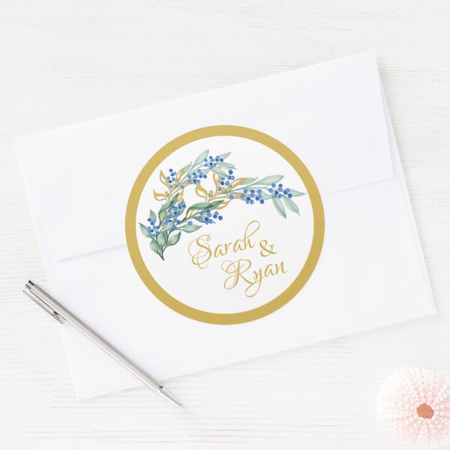 Green Branch Round Wedding Stickers (Envelope)