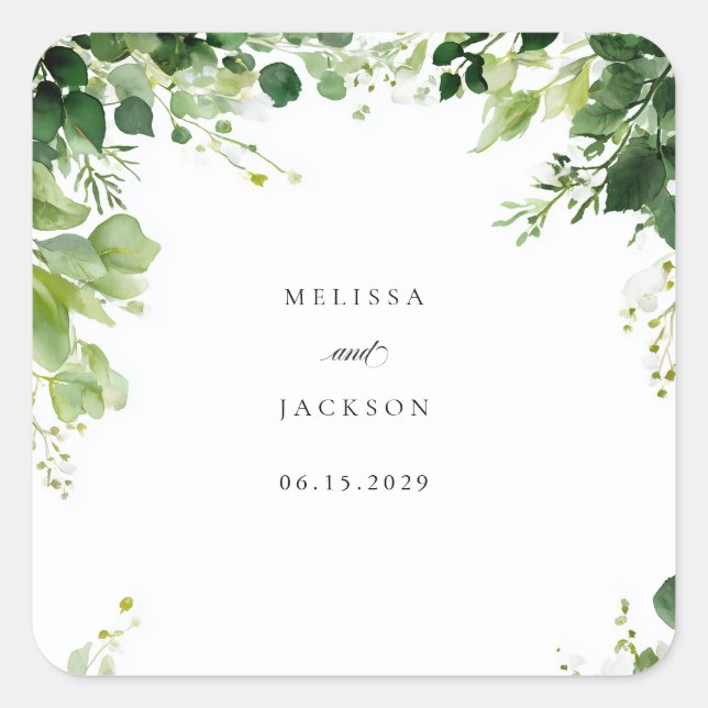 Green Branches Border Wedding Square Sticker (Front)