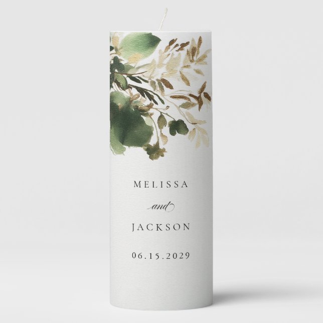 Green Branches Wedding Pillar Candle (Front)