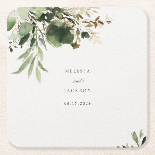 Green Branches Wedding Square Paper Coaster