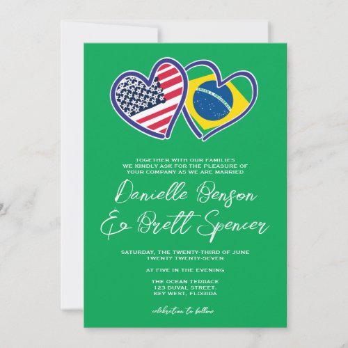 Green Brazilian American Heart Flags Wedding Invitation