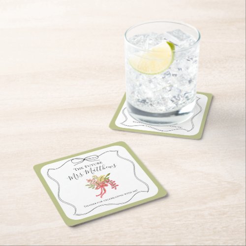 Green Bridal Shower Hand Drawn Bow Floral Fancy Square Paper Coaster