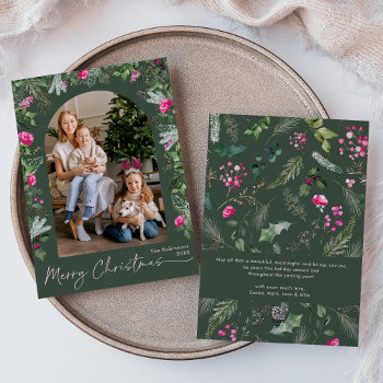 Green & Bright Pink Botanical Arch Christmas Photo Holiday Card by PeachBloome at Zazzle